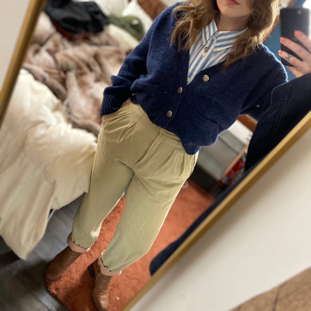 Vintage Navy Blue Wool Blend Cardigan with Silver Detail Buttons